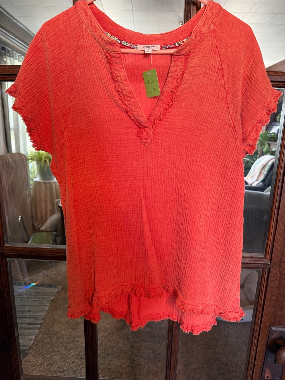 Umgee USA Orange Coral Gauze Cotton Frayed Hem V-Neck Top M K7174 Boho Lagenlook